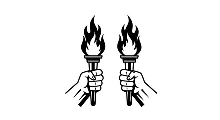 Black and white illustration of two hands holding torches with flames.