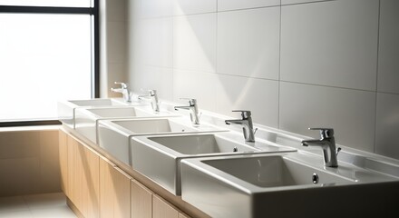 A row of pristine white sinks with modern faucets in a brightly lit bathroom.