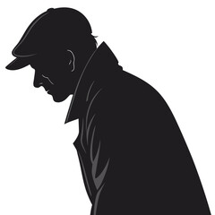 Silhouette of a man wearing a flat cap and coat looking down