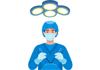 Surgeon in operating room with surgical tools, medical procedure, healthcare professional
