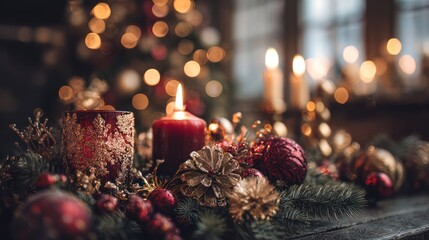 Festive close-up of glowing candle centerpiece with ornaments, fir, and warm bokeh