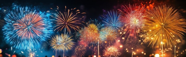 Vibrant fireworks explode against a dark sky, illuminating a crowd below