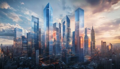 Obraz premium The illustration shows a cityscape with numerous tall skyscrapers, reflecting the warm colors of a setting sun against a partly cloudy sky.