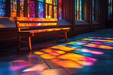 Wooden bench inside a building, light from stained glass creating colorful shadows