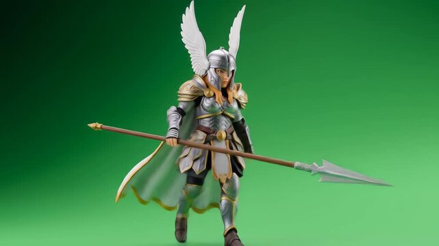 Valkyrie Warrior Animated Sequence with Spear Against Green Screen Background, Fantasy Theme