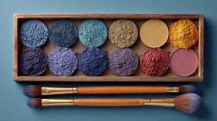 Eye shadow palette of various shades with brushes arranged on a blue surface