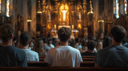 Congregation Attending Church Service: Back View of People Sitting in Pews, Religious Ceremony, Faith, Spirituality, and Christian Worship