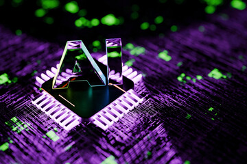 Quantum glowing processor with AI text on the motherboard, concept. AI and modern technologies, creative idea. Cyber ​​background with artificial intelligence. Intelligence training.