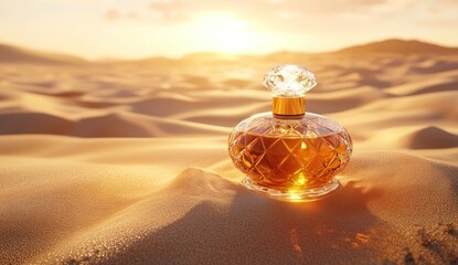 A perfume bottle with a diamond-like stopper rests on sand dunes bathed in golden sunlight