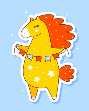 Naklejki Cute сartoon horse sticker on color background - funny animal character for Your kawaii design - symbol of 2026 Chinese New Year 7