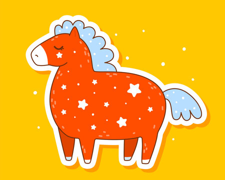 Naklejki Cute сartoon horse sticker on color background - funny animal character for Your kawaii design - symbol of 2026 Chinese New Year