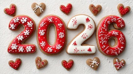 Festive gingerbread cookies arranged as the year 2026 surrounded by heart-shaped cookies