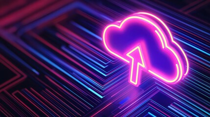 A vibrant, neon cloud symbol surrounded by digital lines, representing cloud computing and technology.