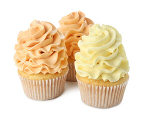 Delicious cupcakes with colorful cream isolated on white