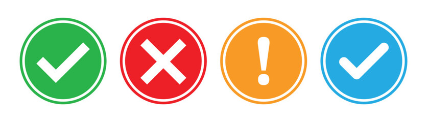 Unique Checkmark, cross, and warning icon with circle. Green checkmark and red cross circle icons for approval and rejection concepts in digital interfaces, mobile apps, confirmation buttons.
