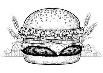 Farm-fresh burger concept. Detailed hand-drawn cheeseburger with a farm and wheat in the background. Black and white line art for a coloring book or menu.

