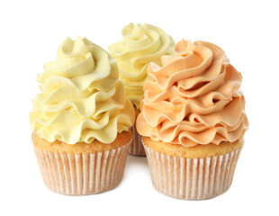 Delicious cupcakes with colorful cream isolated on white