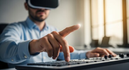 Young caucasian male using virtual reality headset and typing on keyboard
