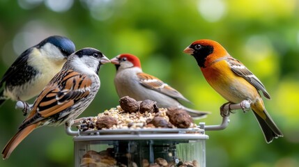 Fototapeta premium Colorful variety of birds feasting on seeds in lush green background
