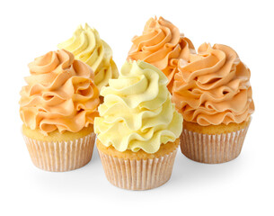 Delicious cupcakes with colorful cream isolated on white