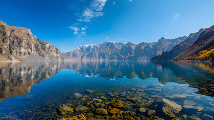 The Changbaishan Tianchi: A Majestic Volcanic Crater Lake on the China-North Korea Border in Jilin, China—Boasting Crystal-Clear Blue Water, Surrounded by Snow-Capped Peaks & Coniferous Forests, Ideal