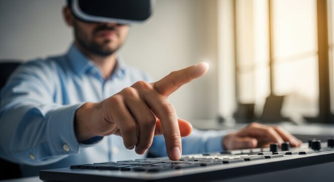 Young caucasian male using virtual reality headset and typing on keyboard