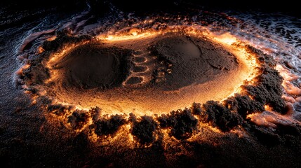 Aerial view of a volcanic island with glowing lava flow and dark rocky terrain surrounding the crater