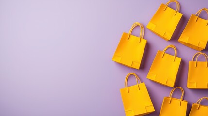 A collection of yellow shopping bags arranged on a purple background, creating a vibrant and playful visual.