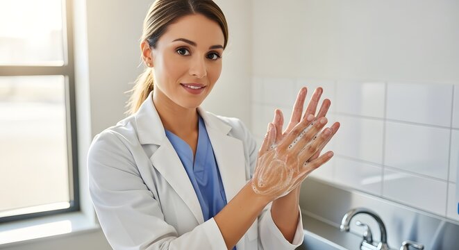 A smiling female doctor in a lab coat and scrubs thoroughly washes her hands with soap at a sink.