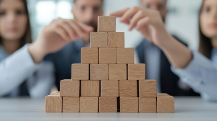 A group of professionals collaboratively builds a wooden block pyramid, symbolizing teamwork and strategy in a modern office setting.