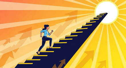 Flat vector of woman climbing stairs toward the sun — empowerment and success.