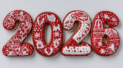 Festive gingerbread cookies in shape of 2026 with white icing decorations on white