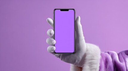 Festive hand in white glove & purple suit, holding a smartphone with a blank screen
