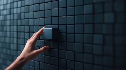 A hand reaches towards a textured wall of dark blue, square tiles, highlighting a modern, minimalist design.