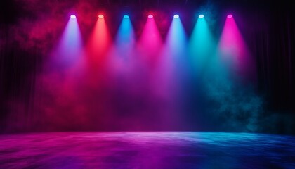 Five spotlights cast pink, purple, and blue light onto a dark stage floor filled with atmospheric smoke.