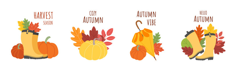 Set of autumn illustrations with colorful rubber boots, pumpkins, leaves. Cozy fall season collection in flat style, perfect for cards, posters, invitations, and seasonal decor