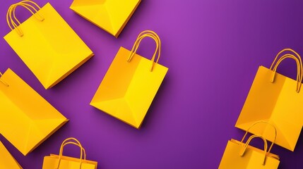 Bright yellow shopping bags scattered on a vibrant purple background create a dynamic and playful visual.