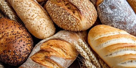 Assortment of freshly baked artisan bread with wheat ears