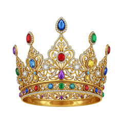 Ornate golden crown adorned with colorful gemstones on black background