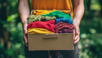A person's hands are gently holding a cardboard box filled with a variety of colorful folded clothes outside.