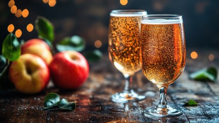 Sparkling apple cider in glasses with fresh apples on rustic wooden table. World Cider Day