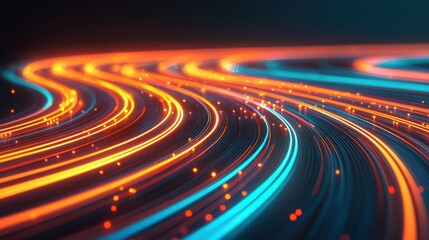 A vibrant blend of blue and orange light trails swirling in a dark background, creating a dynamic and energetic visual effect.