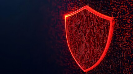 A glowing red shield symbol against a dark, digital background filled with binary code, representing cybersecurity and protection.