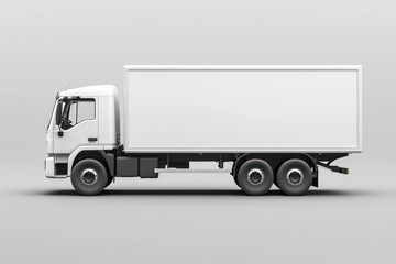 Side view of a white cargo truck with a rectangular storage area, against a light grey backdrop