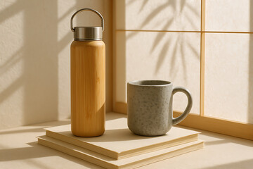 Eco-friendly bamboo wrapped bottle with stone-textured mug in zen style
