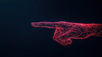A digital representation of a hand, constructed with a network of vibrant lines, pointing forward in a dark background, symbolizing technology and communication.