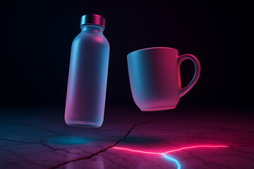 Frosted glass water bottle with ceramic mug on marble, neon reflections
