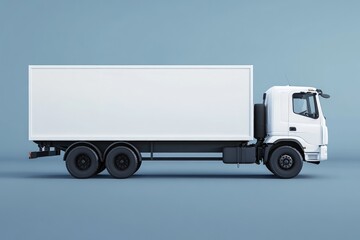 A side view of a white delivery truck with a blank trailer against a pale blue background