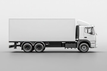 Profile view of a white box truck against a neutral background, showcasing transportation