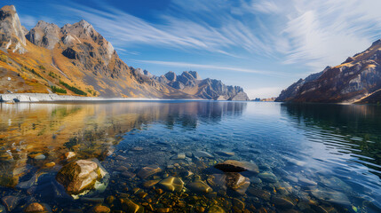The Changbaishan Tianchi: A Majestic Volcanic Crater Lake on the China-North Korea Border in Jilin, China—Boasting Crystal-Clear Blue Water, Surrounded by Snow-Capped Peaks & Coniferous Forests, Ideal